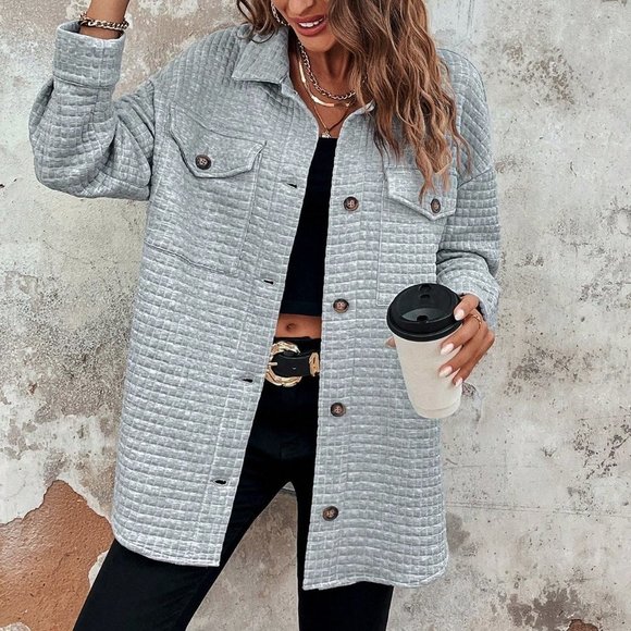 . Jackets & Blazers - Grey Casual Womens Flap Pocket Drop Shoulder Button Front Coat